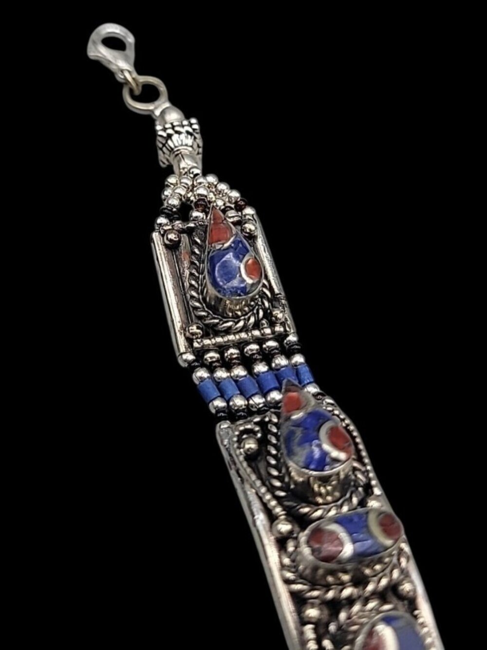 Vintage Tibetan Nepalese Silver Inlay Bracelet Lapis Coral 7.5” Ethnic Boho - Picture 14 of 16
